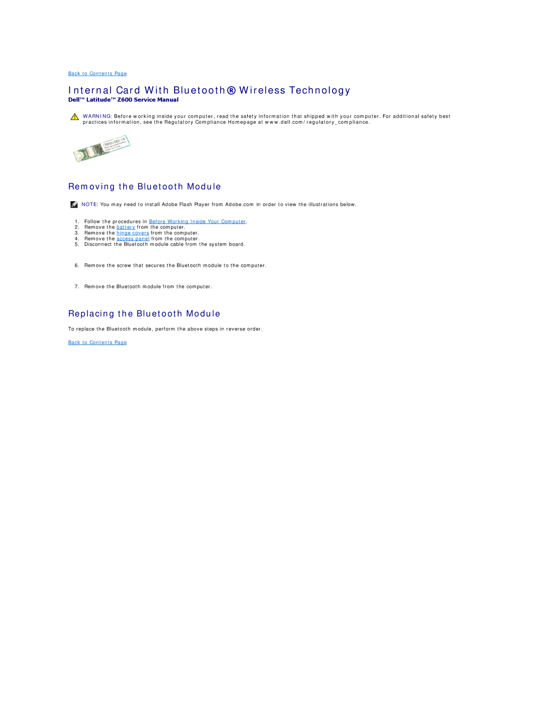 Dell Z600 Internal Card With Bluetooth Wireless Technology, Removing the Bluetooth Module, Replacing the Bluetooth Module 
