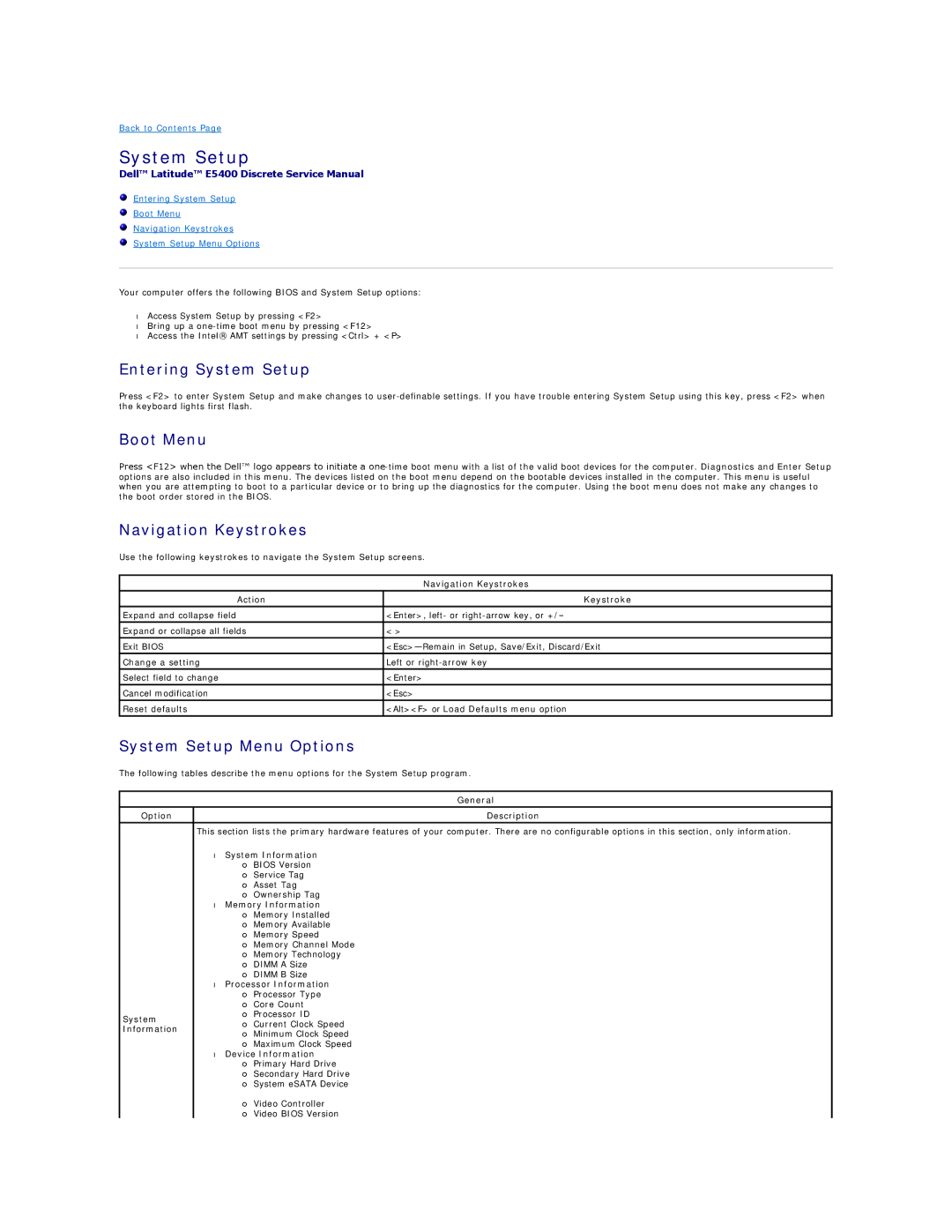 Dell Z600 specifications Entering System Setup, Boot Menu, Navigation Keystrokes, System Setup Menu Options 