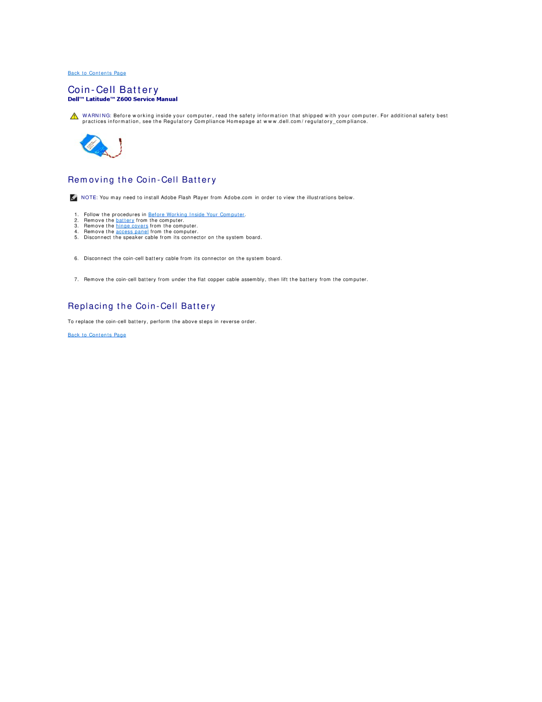 Dell Z600 specifications Removing the Coin-Cell Battery, Replacing the Coin-Cell Battery 