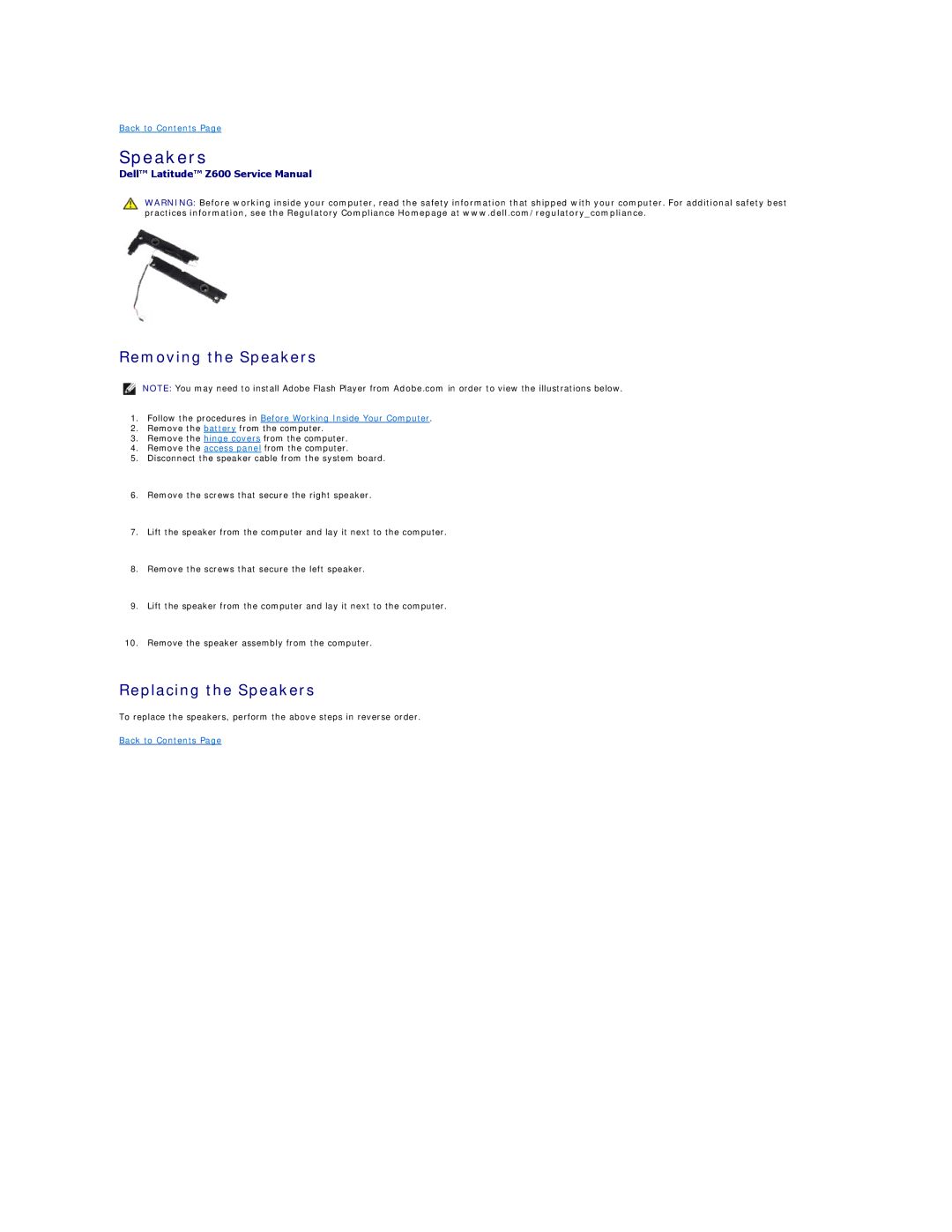 Dell Z600 specifications Removing the Speakers, Replacing the Speakers 