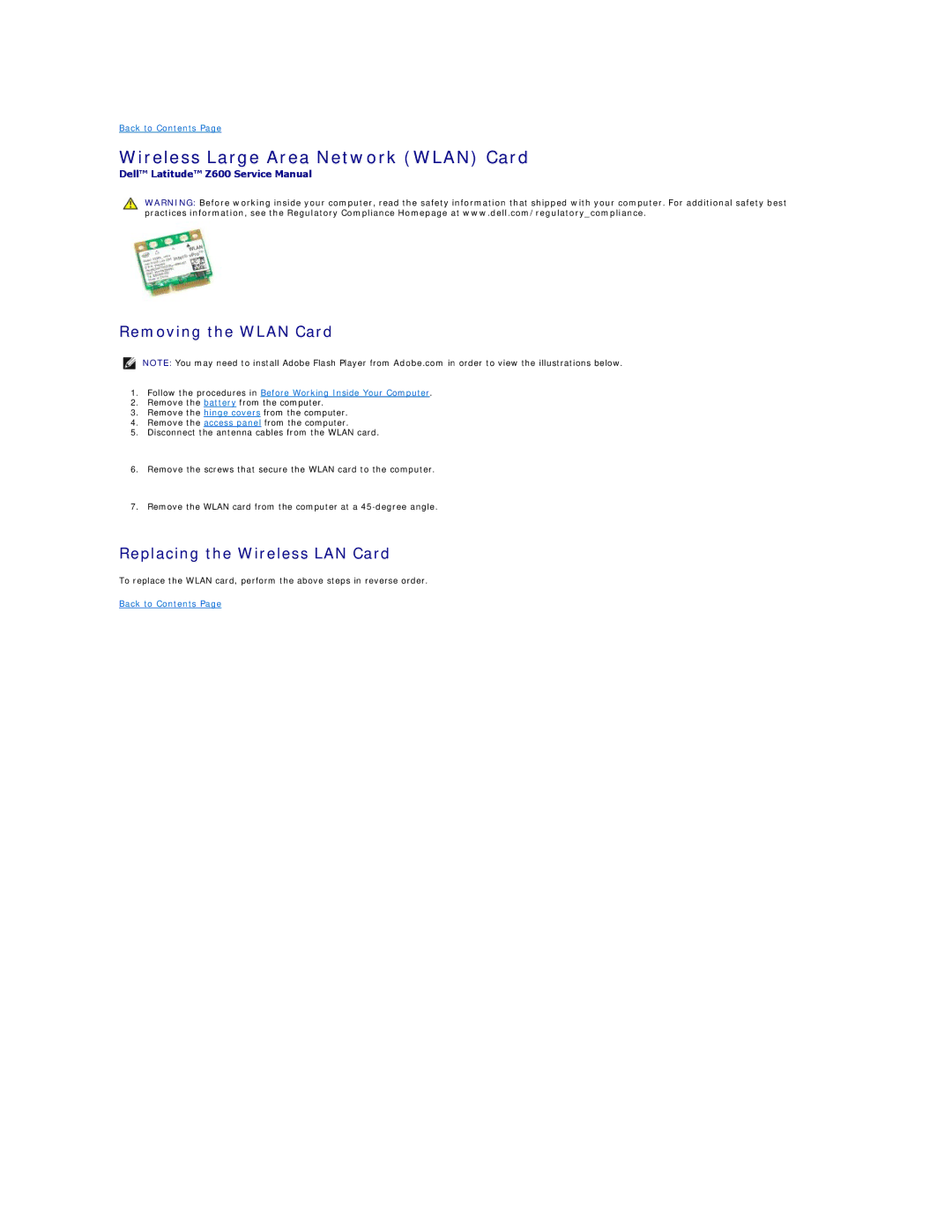 Dell Z600 specifications Wireless Large Area Network Wlan Card, Removing the Wlan Card, Replacing the Wireless LAN Card 