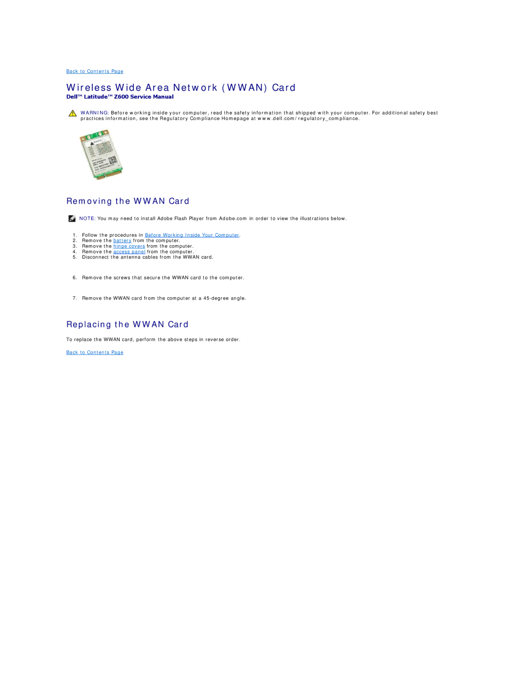 Dell Z600 specifications Wireless Wide Area Network Wwan Card, Removing the Wwan Card, Replacing the Wwan Card 