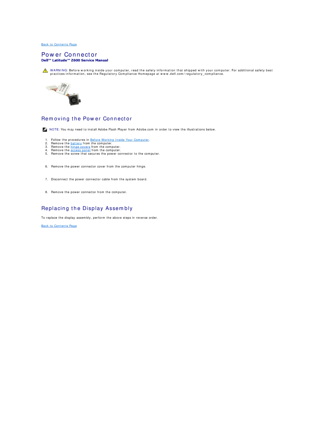 Dell Z600 specifications Removing the Power Connector, Replacing the Display Assembly 