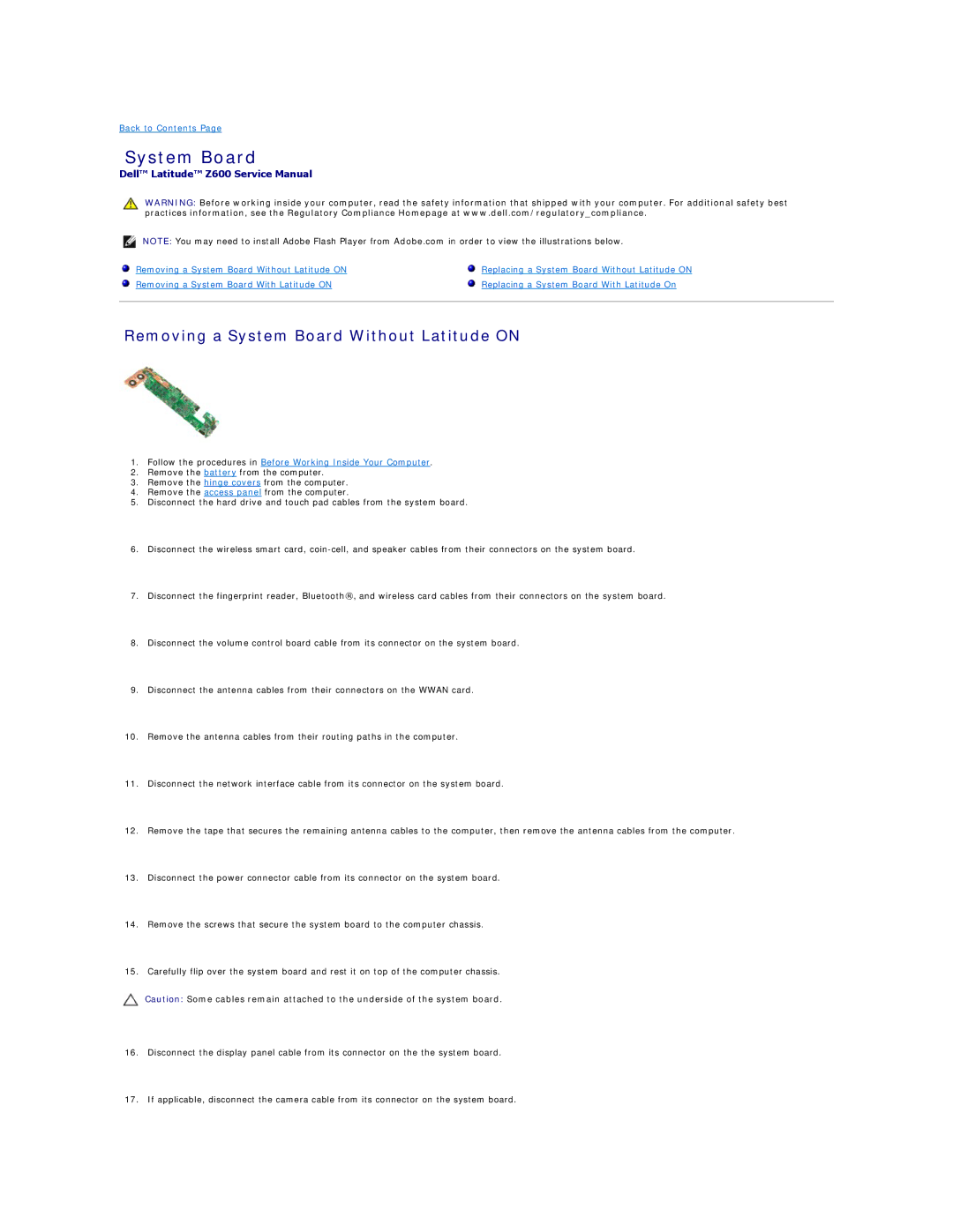 Dell Z600 specifications Removing a System Board Without Latitude on 