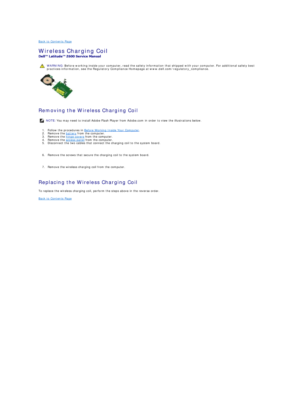 Dell Z600 specifications Removing the Wireless Charging Coil, Replacing the Wireless Charging Coil 