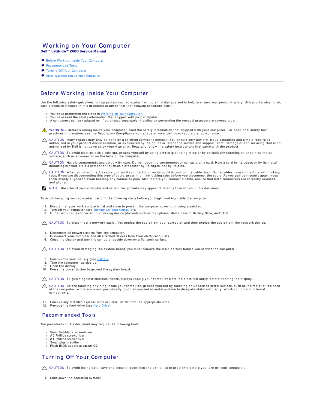 Dell Z600 specifications Working on Your Computer, Before Working Inside Your Computer, Turning Off Your Computer 