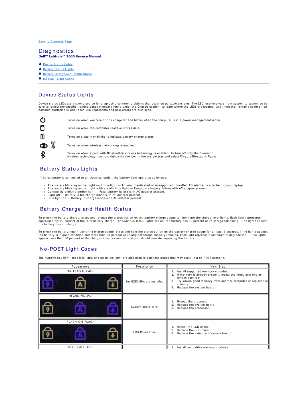 Dell Z600 Diagnostics, Device Status Lights, Battery Status Lights, Battery Charge and Health Status, No-POST Light Codes 