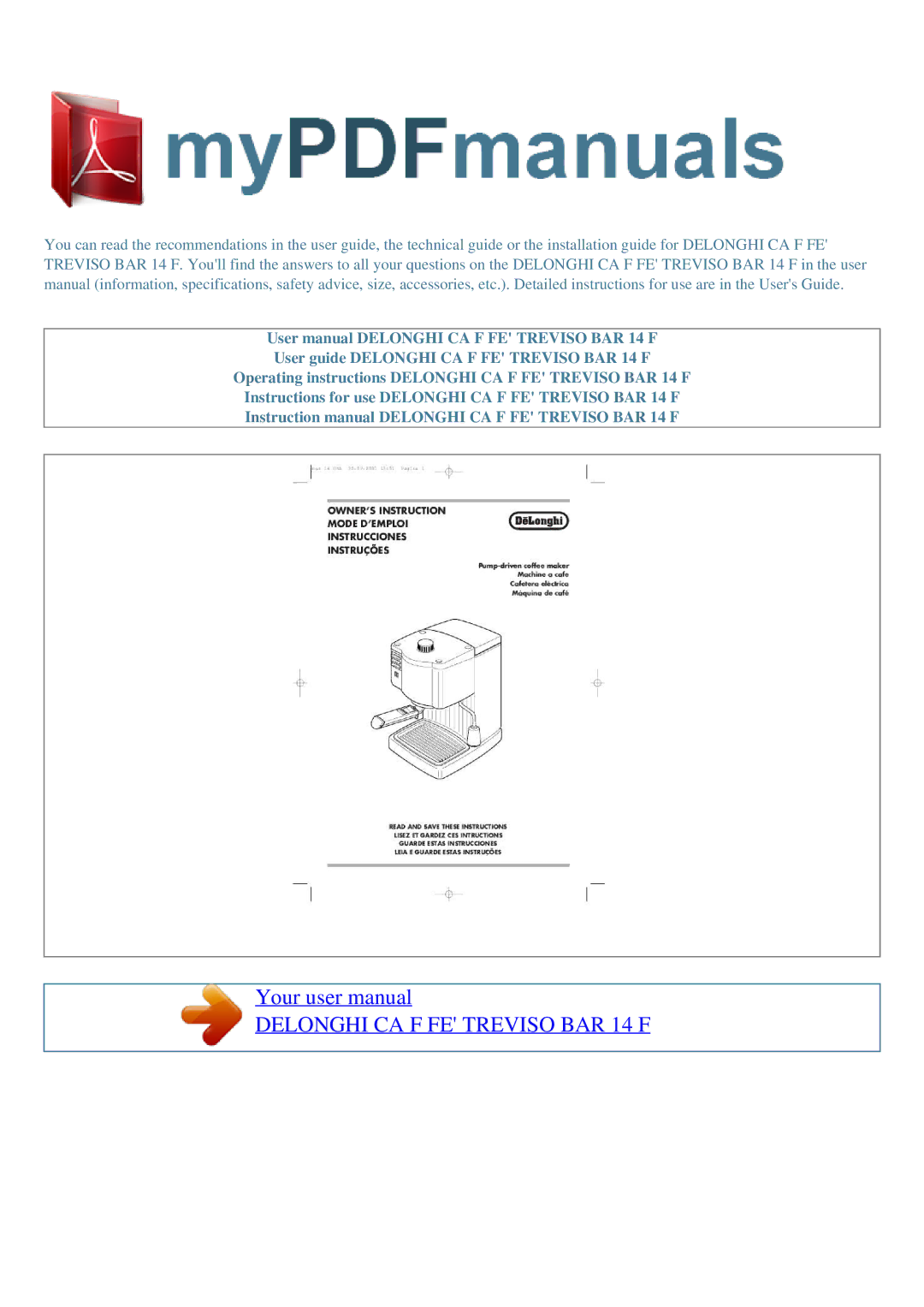 DeLonghi user manual Delonghi CA F FE Treviso BAR 14 F 