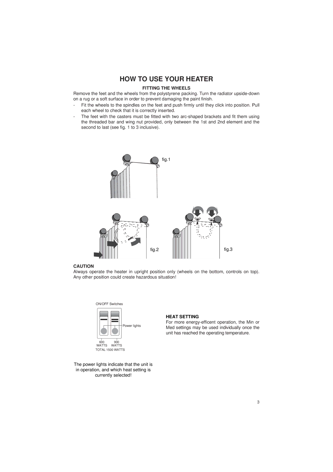 DeLonghi 2307K manual HOW to USE Your Heater, Fitting the Wheels 