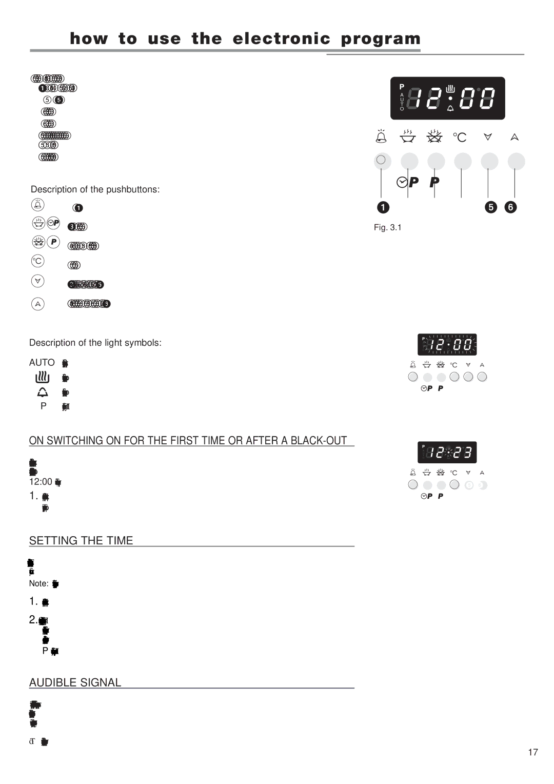 DeLonghi 24 E How to use the electronic program, On Switching on for the First Time or After a BLACK-OUT, Setting the Time 