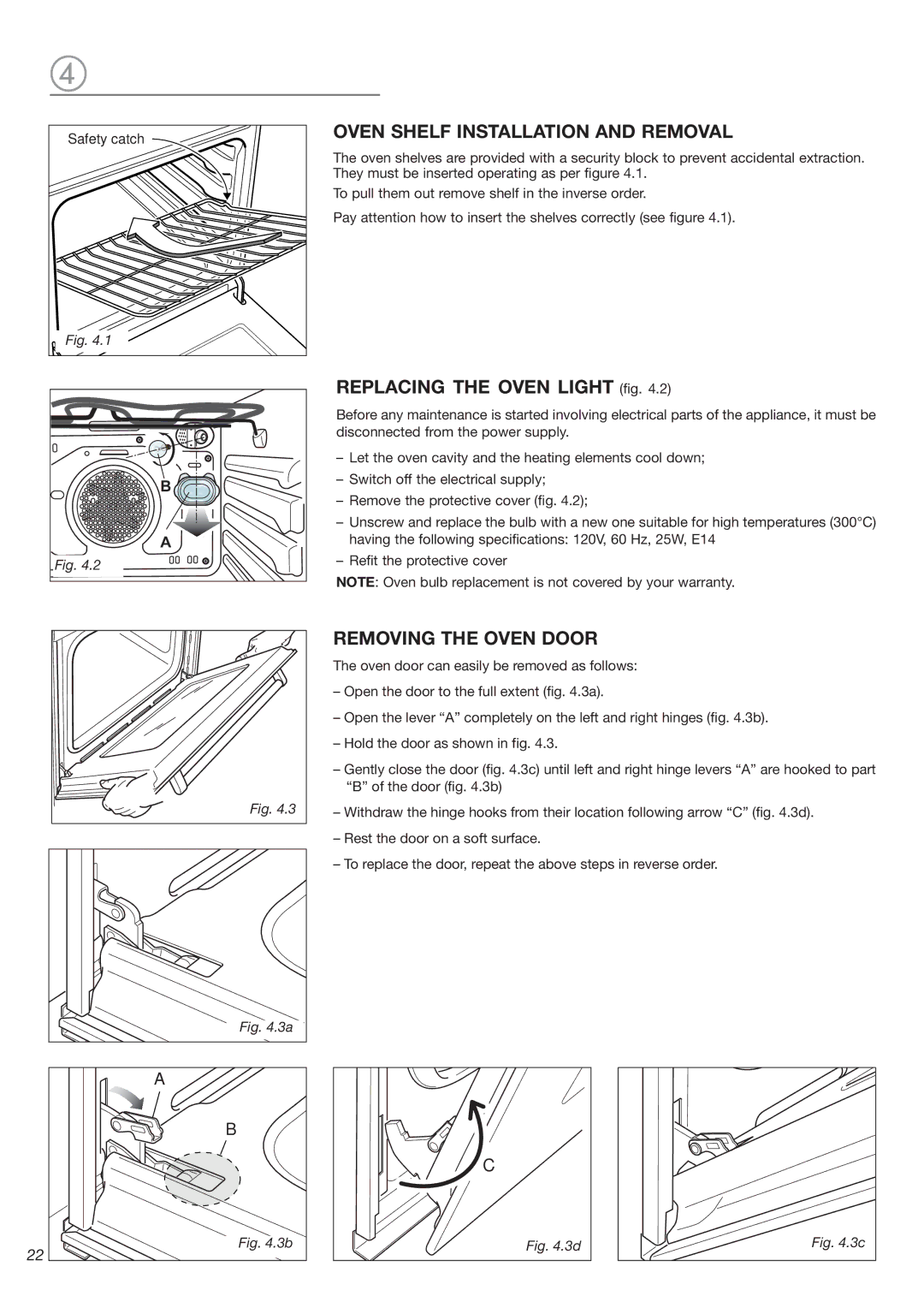 DeLonghi 24 SS, 24 E warranty Oven Shelf Installation and Removal, Removing the Oven Door 