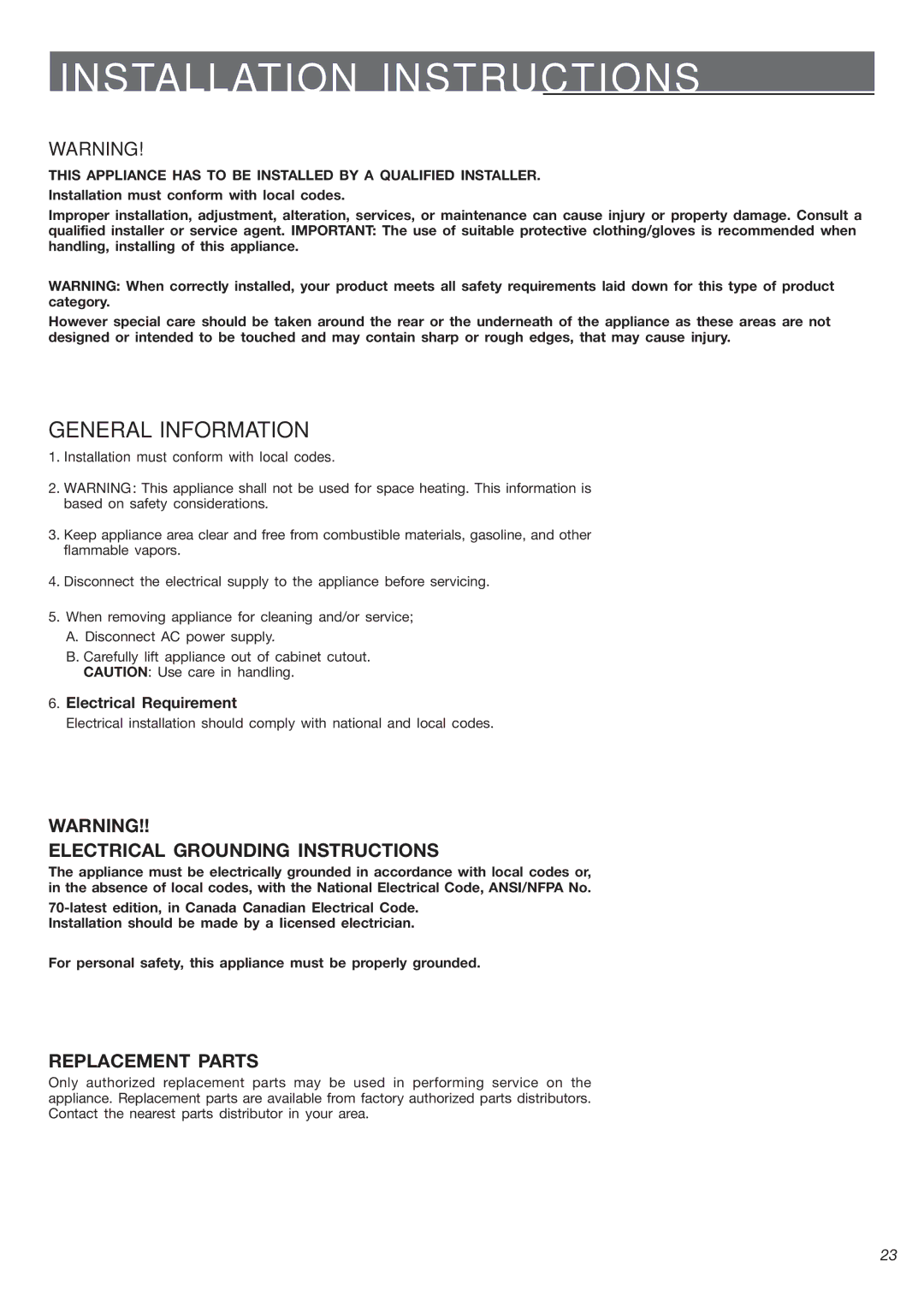 DeLonghi 24 E, 24 SS warranty Electrical Grounding Instructions, Replacement Parts 