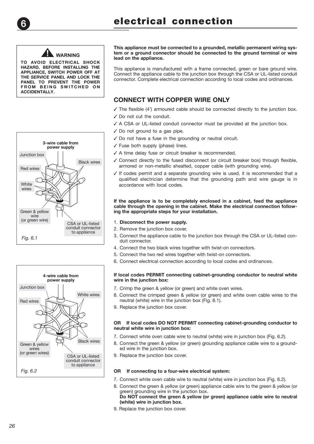 DeLonghi 24 SS Electrical connection, Connect with Copper Wire only, Or If connecting to a four-wire electrical system 