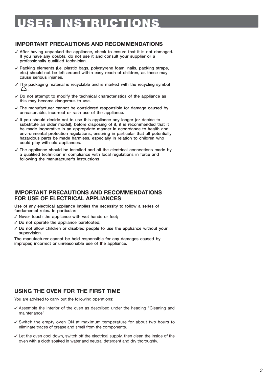 DeLonghi 24 E, 24 SS warranty Important Precautions and Recommendations, Using the Oven for the First Time 