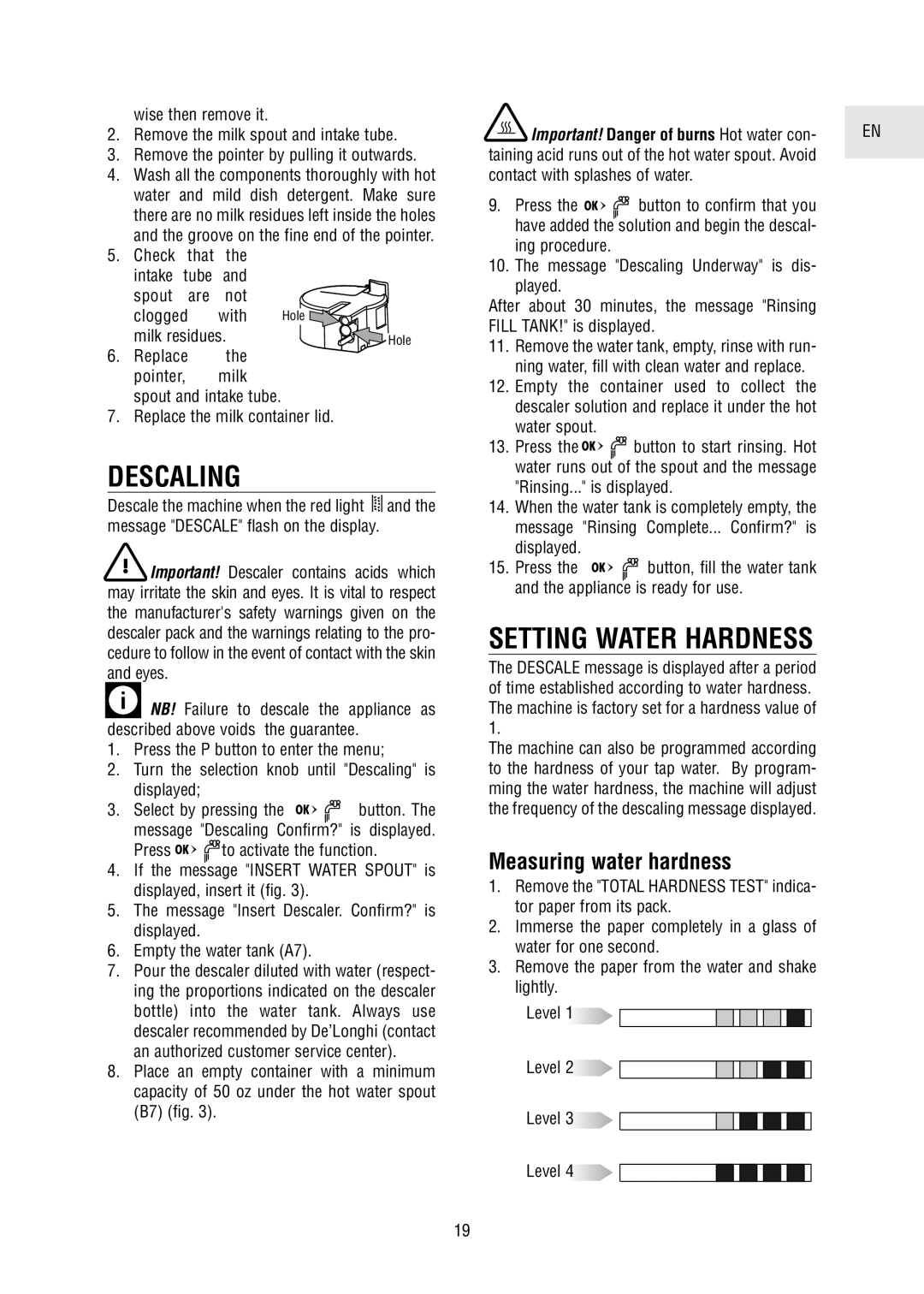 DeLonghi 5500 manual Descaling, Setting Water Hardness, Measuring water hardness 