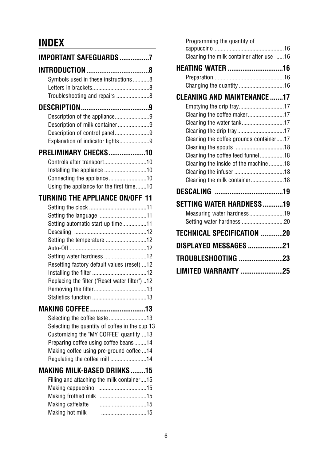 DeLonghi 5500 manual Index, Making caffelatte Making hot milk Programming the quantity 