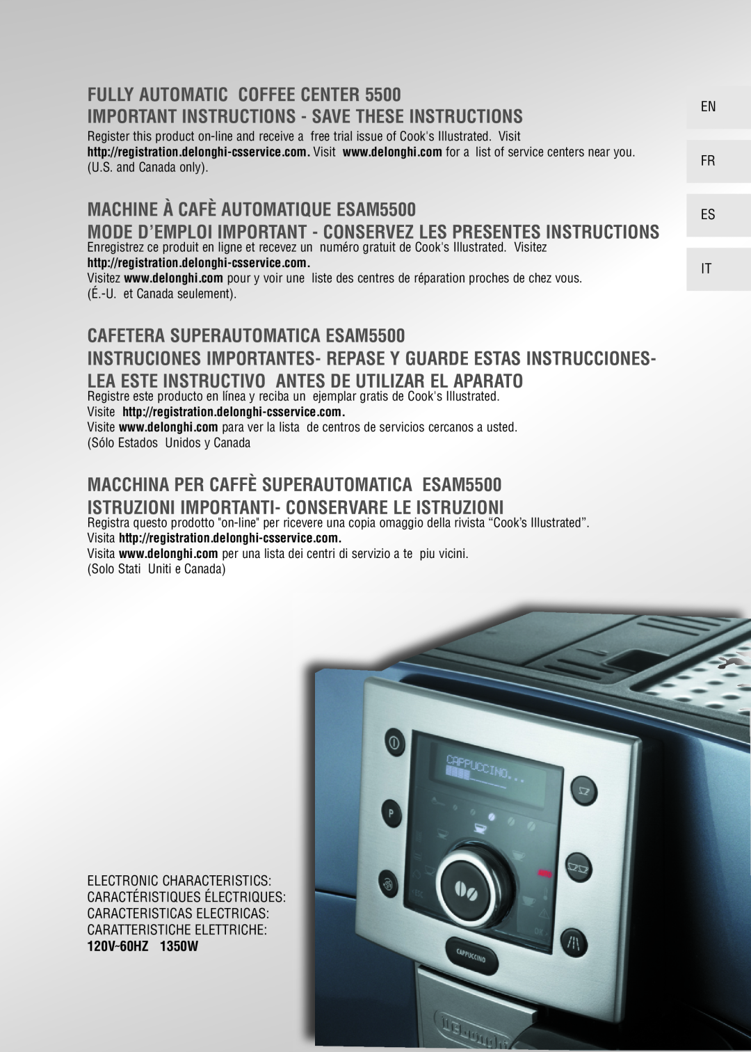 DeLonghi 5500 manual Fully Automatic Coffee Center, Important Instructions - Save These Instructions, 120V˜60HZ 1350W 