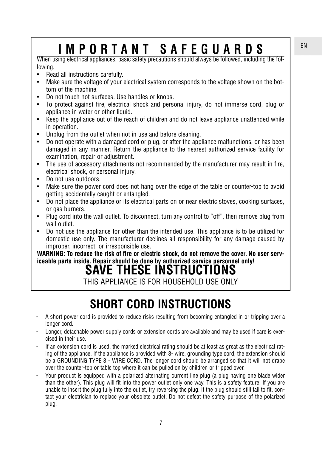 DeLonghi 5500 manual I M P O R T A N T S A F E G U A R D S, Save These Instructions, Short Cord Instructions 