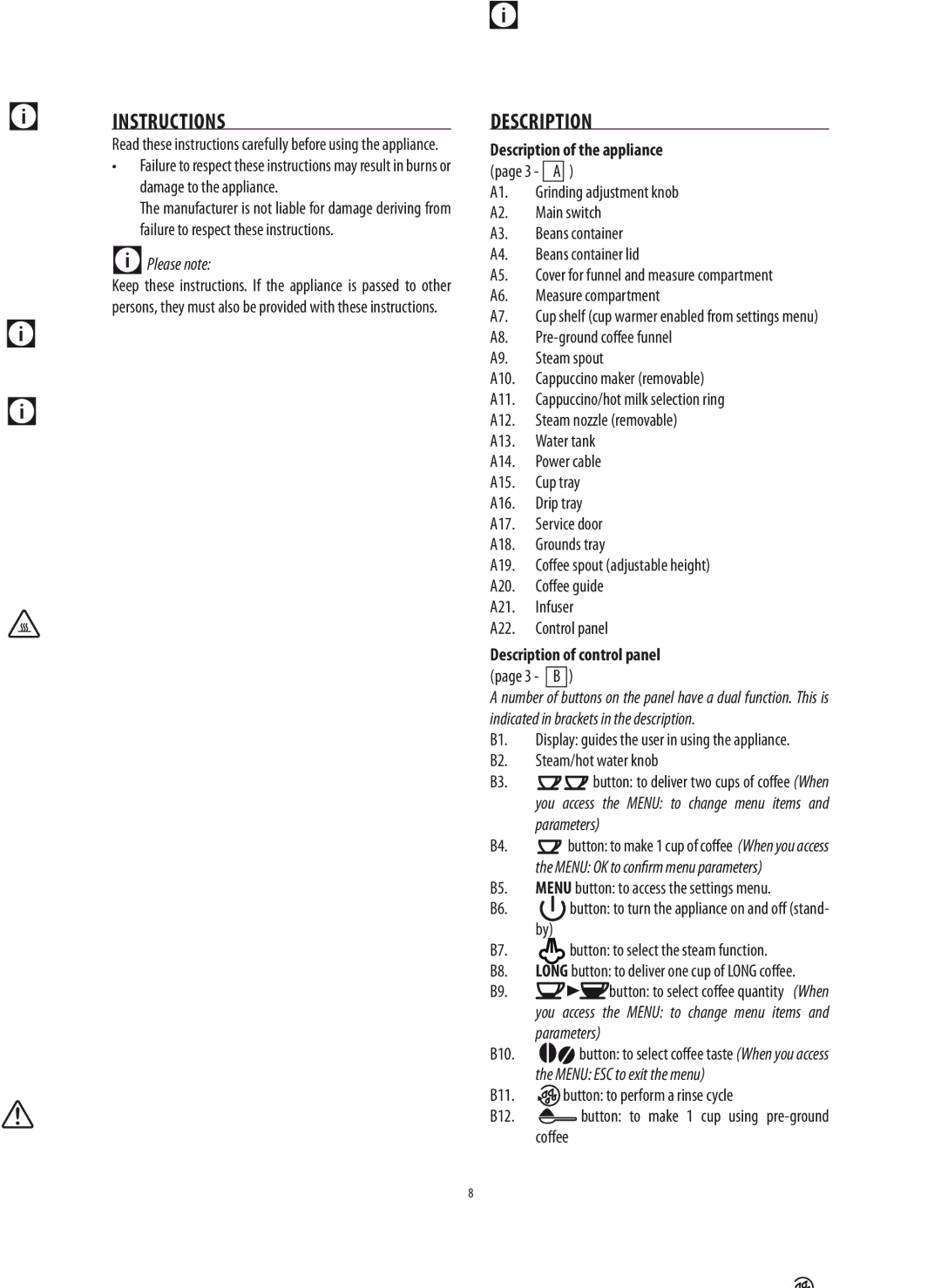 DeLonghi 5713214281 manual Instructions, Description of the appliance, Description of control panel 