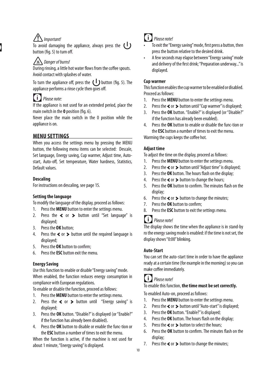 DeLonghi 5713214281 manual Menu Settings 