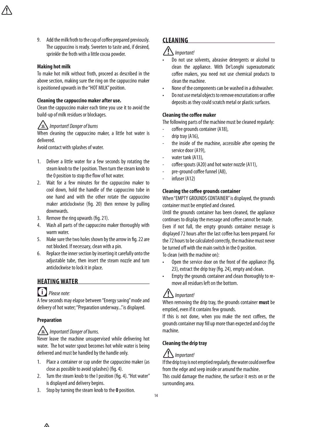 DeLonghi 5713214281 manual Heating Water, Cleaning 