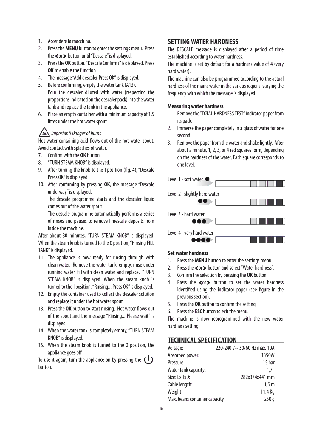 DeLonghi 5713214281 manual Setting Water Hardness, Technical Specification, Measuring water hardness, Set water hardness 