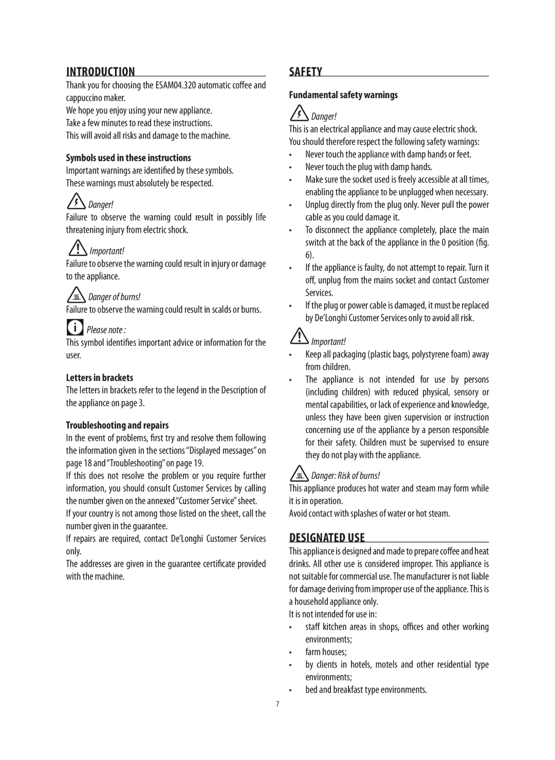 DeLonghi 5713214281 manual Introduction, Safety, Designated USE 