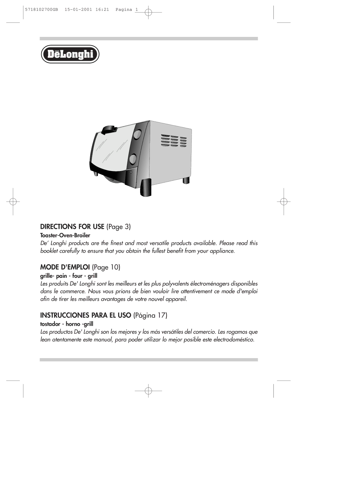 DeLonghi 5718102700GB manual Directions for USE 