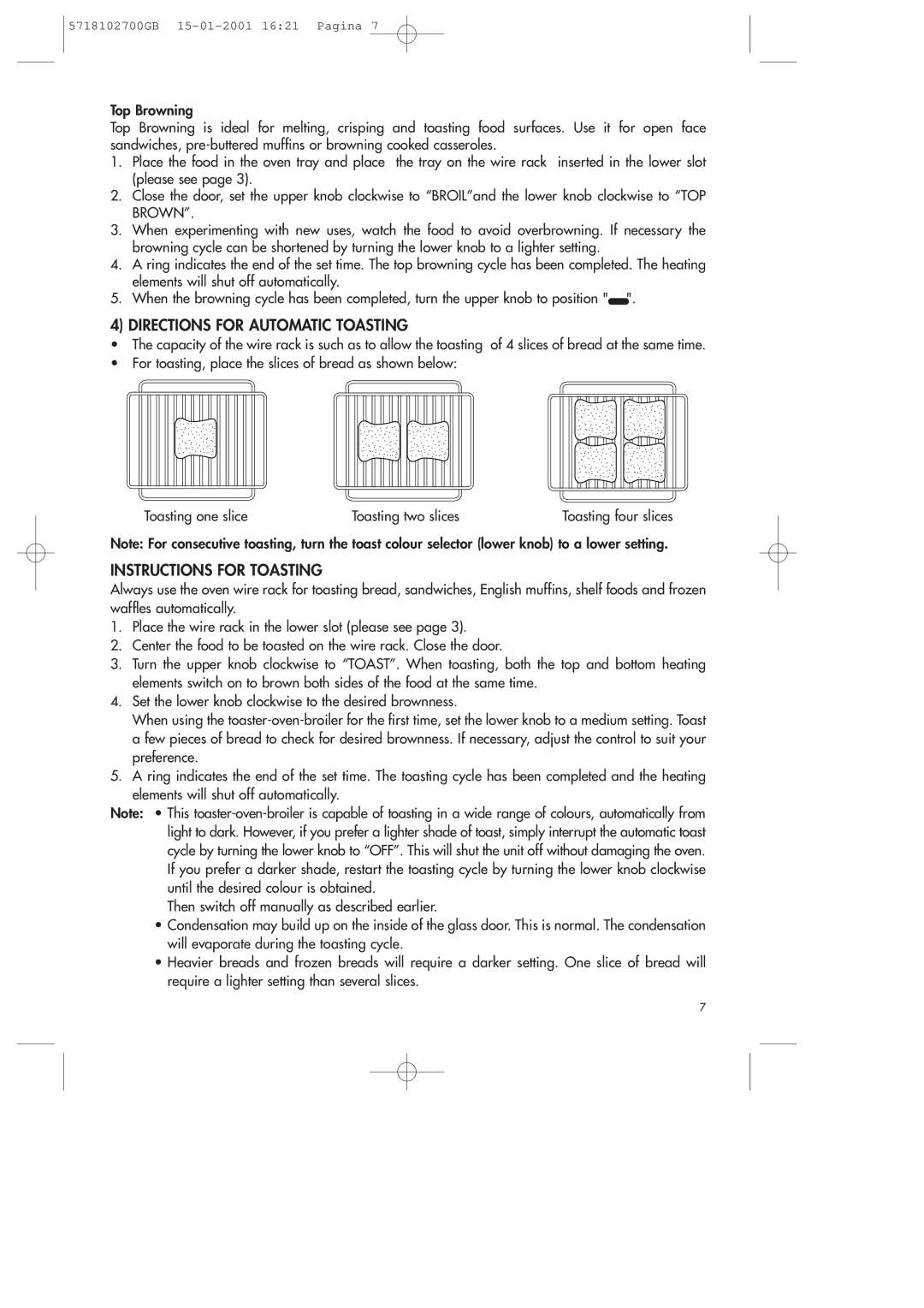 DeLonghi 5718102700GB manual Directions for Automatic Toasting, Instructions for Toasting 