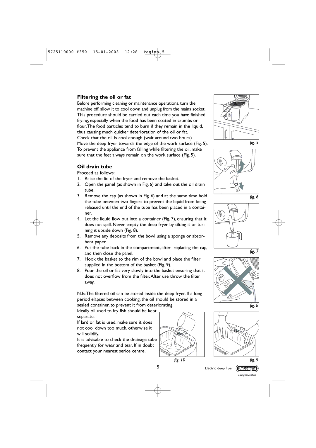 DeLonghi 5725110000 F350 manual Filtering the oil or fat, Oil drain tube 