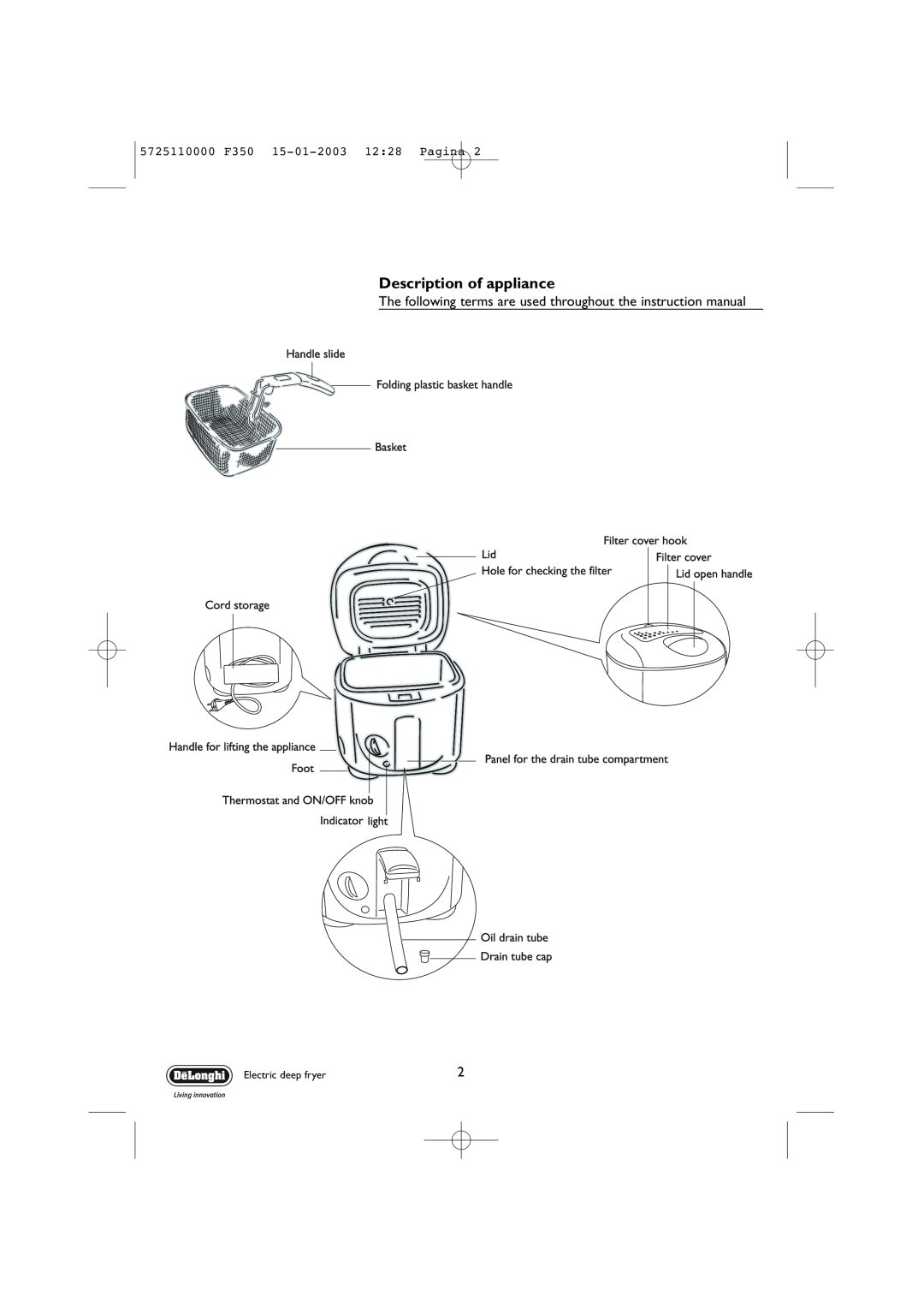 DeLonghi manual Description of appliance, 5725110000 F350 15-01-2003 1228 Pagina, Electric deep fryer 