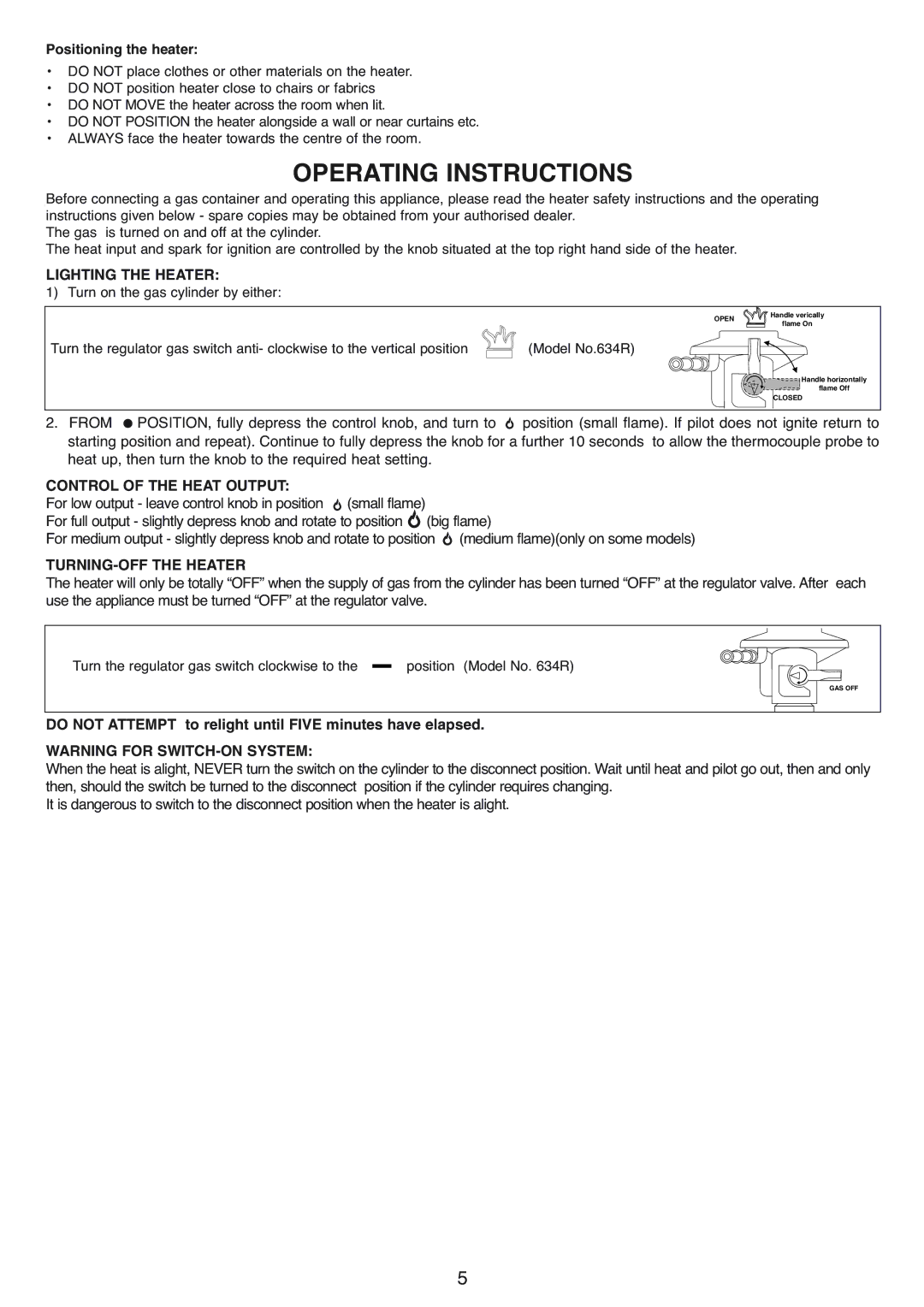 DeLonghi 634H, 634R manual Operating Instructions, Positioning the heater 