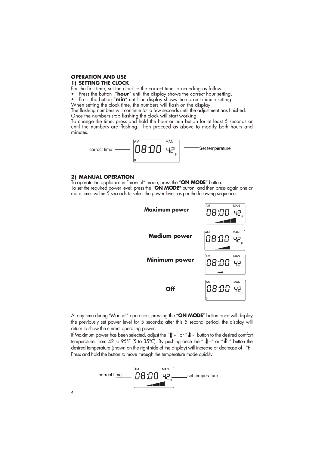 DeLonghi 6708EK manual Operation and USE 1 Setting the Clock, Manual Operation 