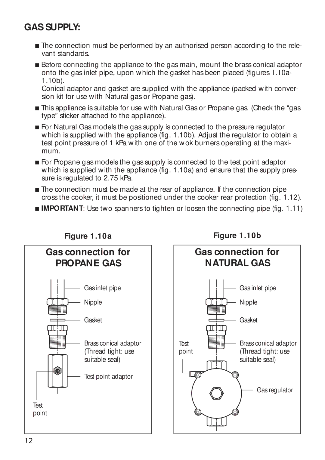 DeLonghi A 1346 G manual GAS Supply, Gas connection for, Propane GAS, Natural GAS 