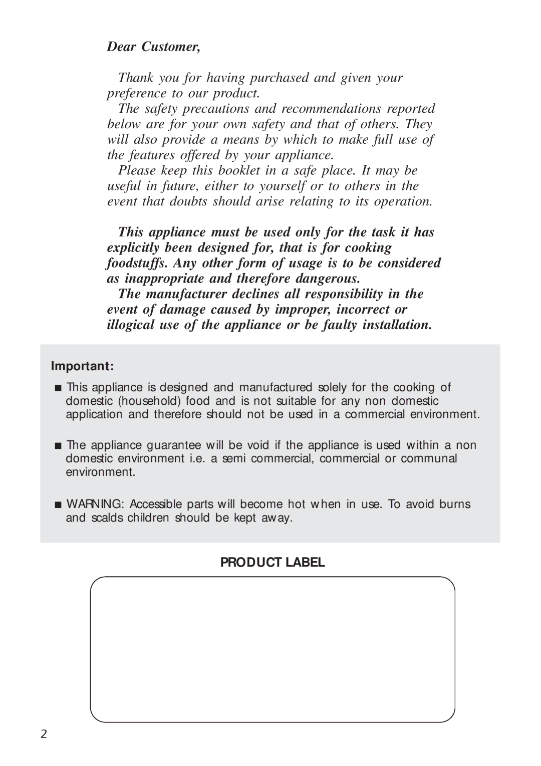 DeLonghi A 1346 G manual Dear Customer, Product Label 