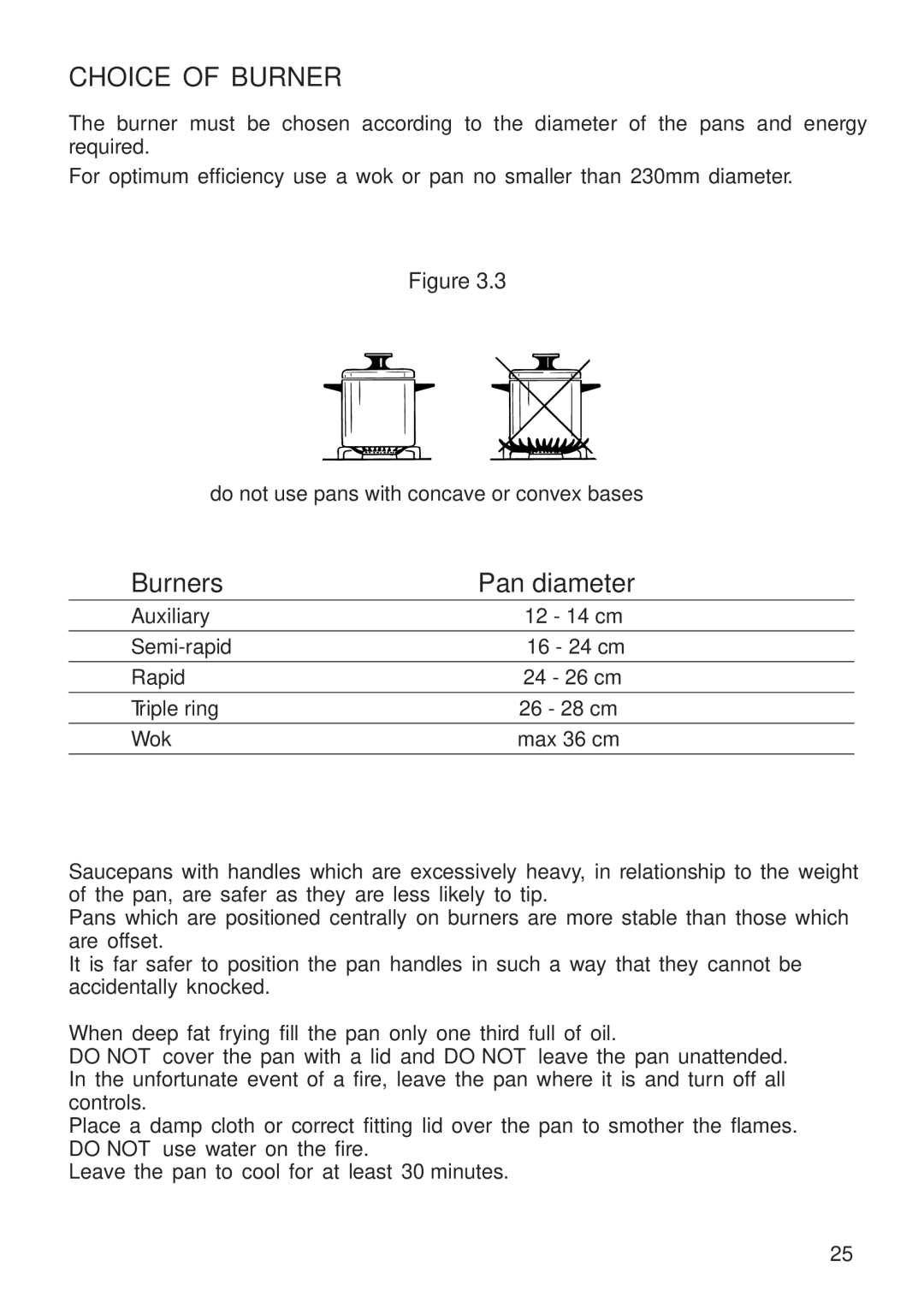 DeLonghi A 1346 G manual Choice of Burner, Burners Pan diameter 