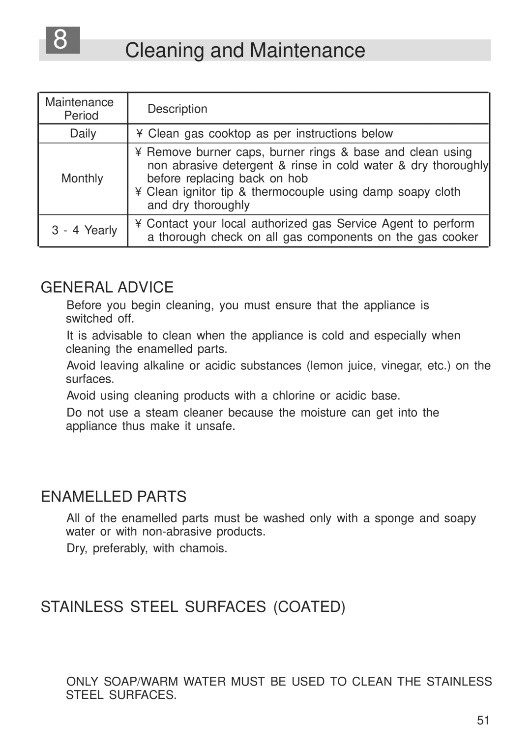 DeLonghi A 1346 G manual General Advice, Enamelled Parts, Stainless Steel Surfaces Coated 