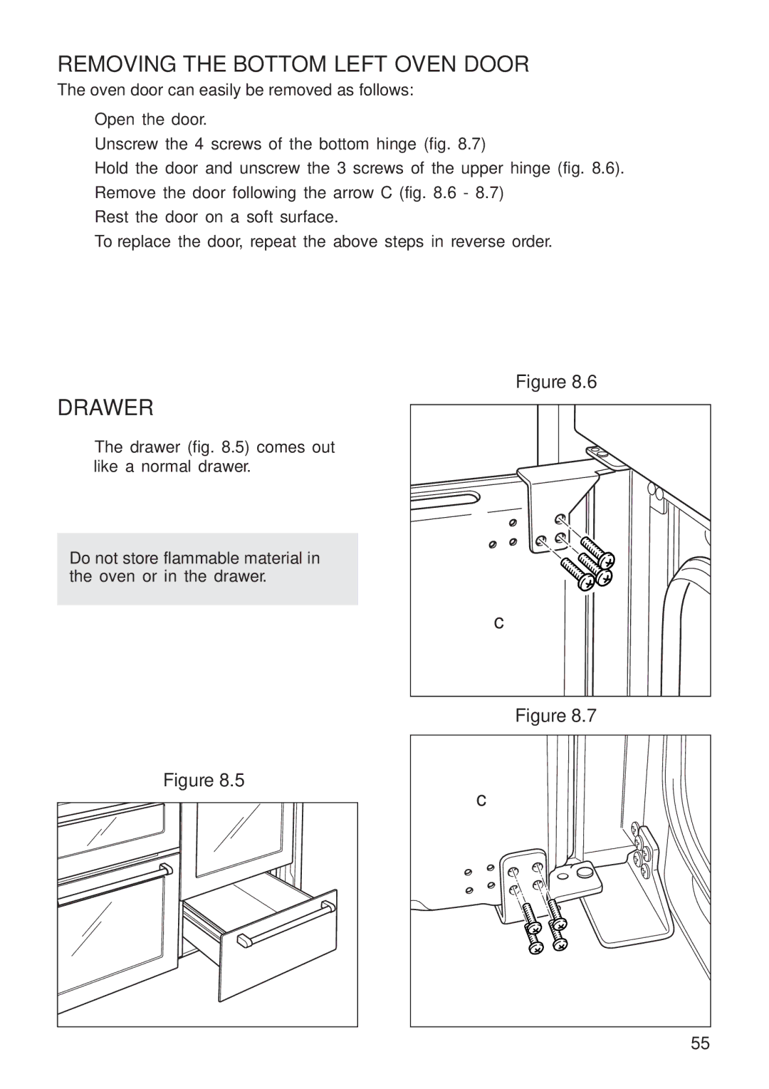 DeLonghi A 1346 G manual Removing the Bottom Left Oven Door, Drawer 