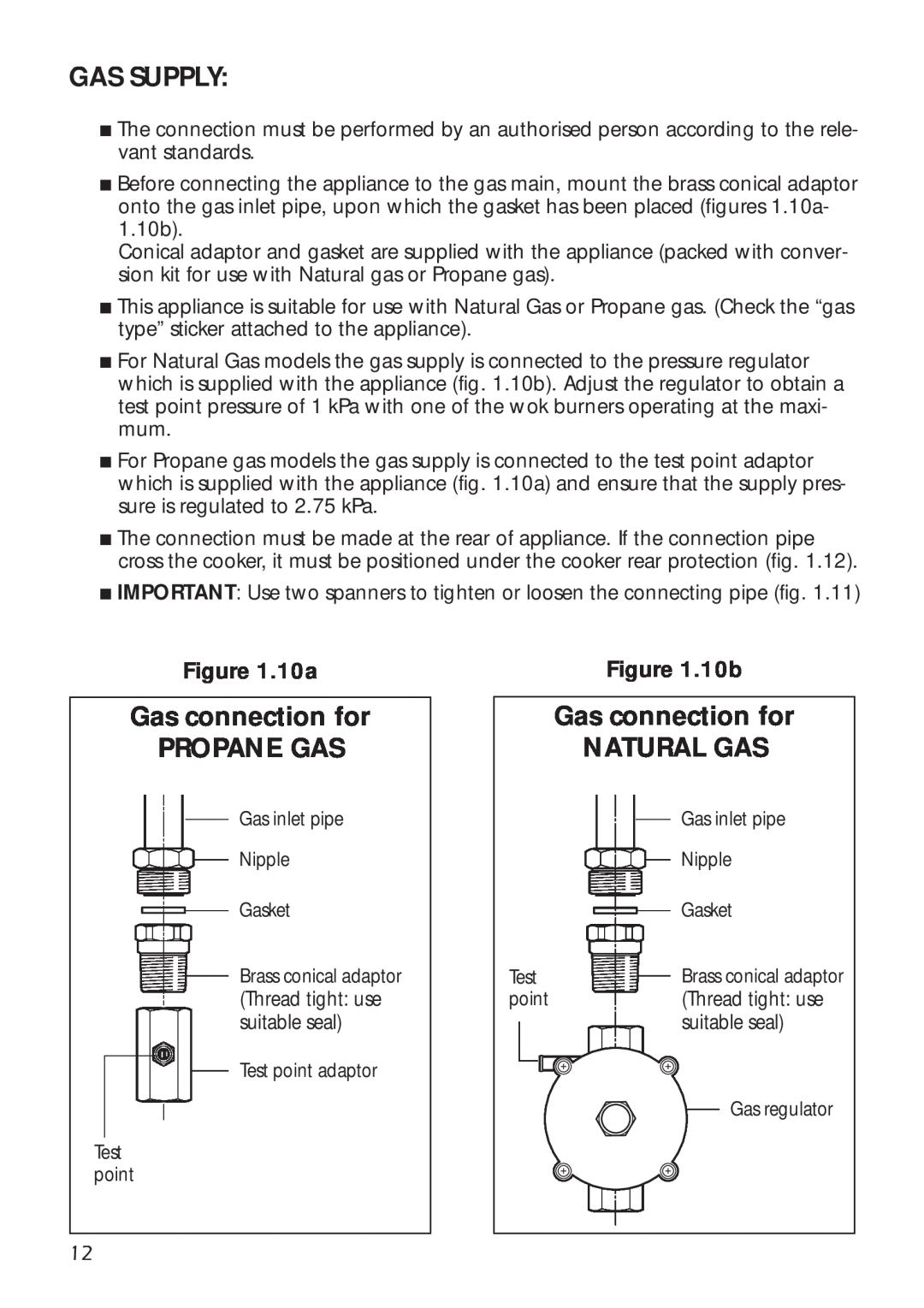 DeLonghi A 1346 G manual Gas Supply, Gas connection for PROPANE GAS, Gas connection for NATURAL GAS 