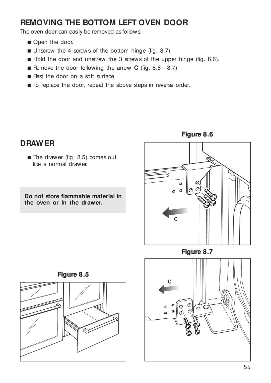 DeLonghi A 1346 G manual Removing The Bottom Left Oven Door, Drawer 