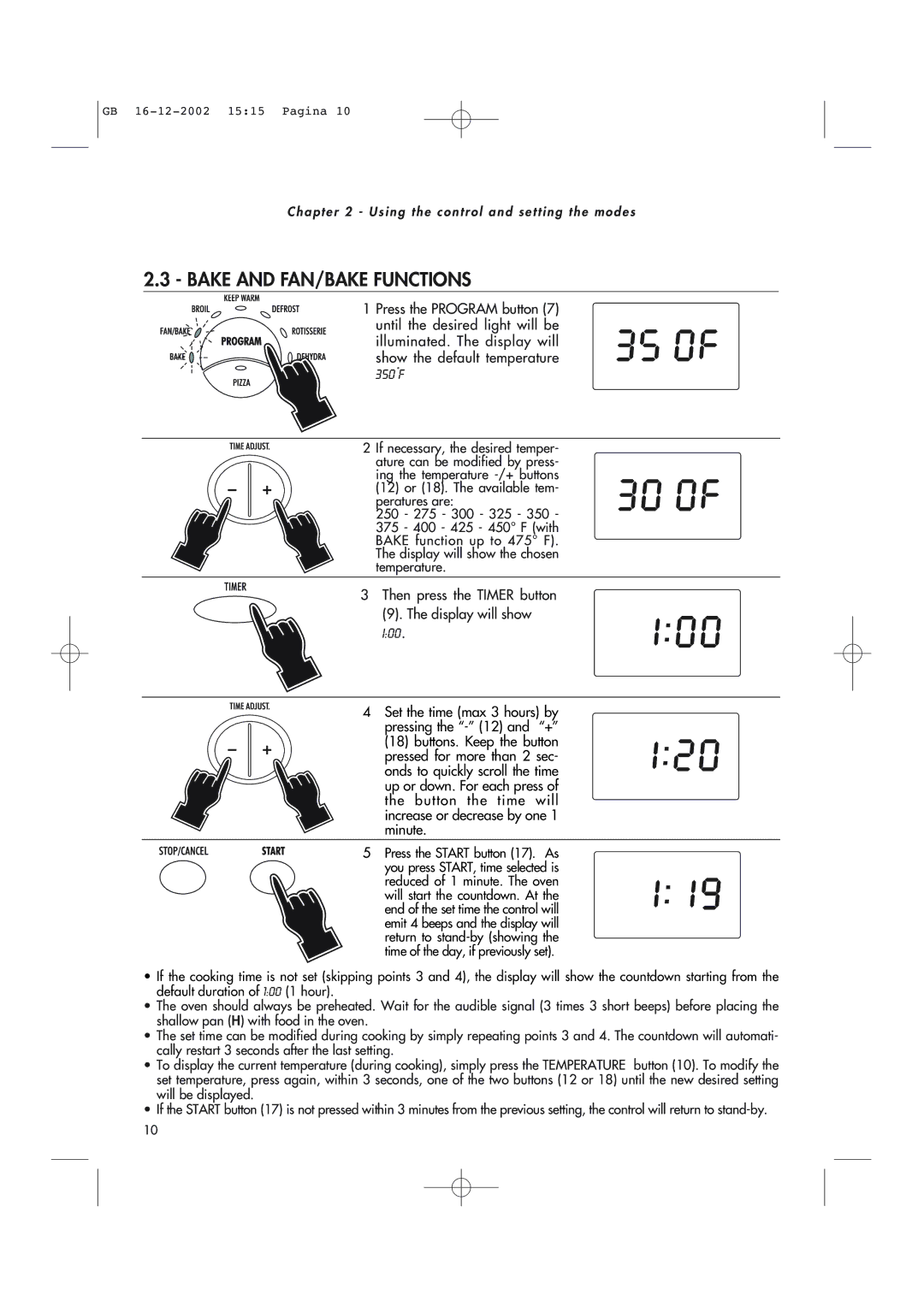 DeLonghi AD1099 manual Bake and FAN/BAKE Functions, 350F 