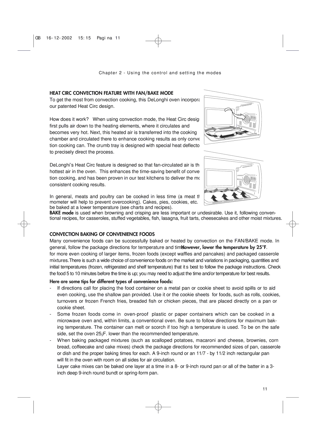 DeLonghi AD1099 manual Heat Circ Convection Feature with FAN/BAKE Mode, Convection Baking of Convenience Foods 