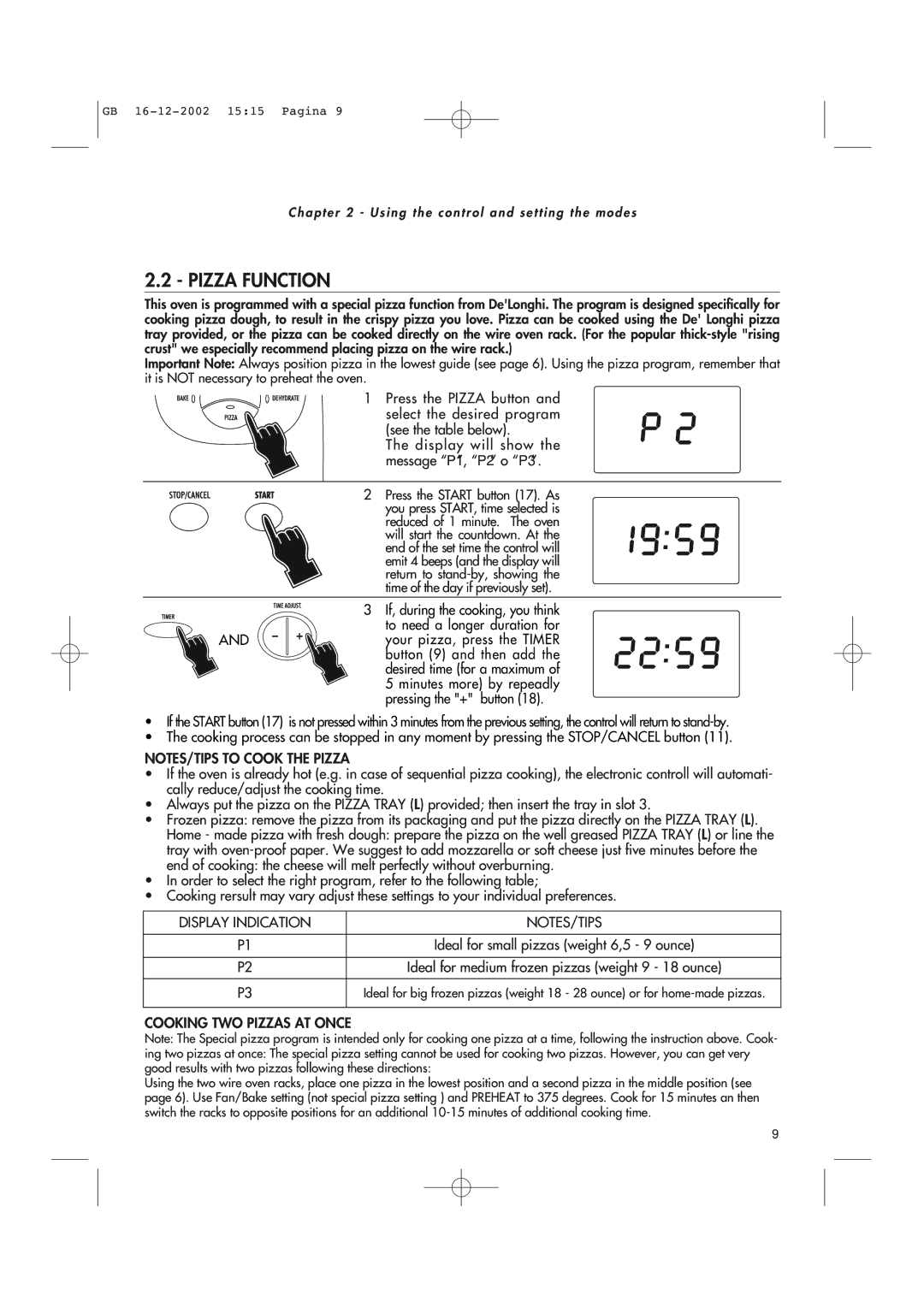 DeLonghi AD1099 manual Pizza Function, Display Indication, Cooking TWO Pizzas AT Once 