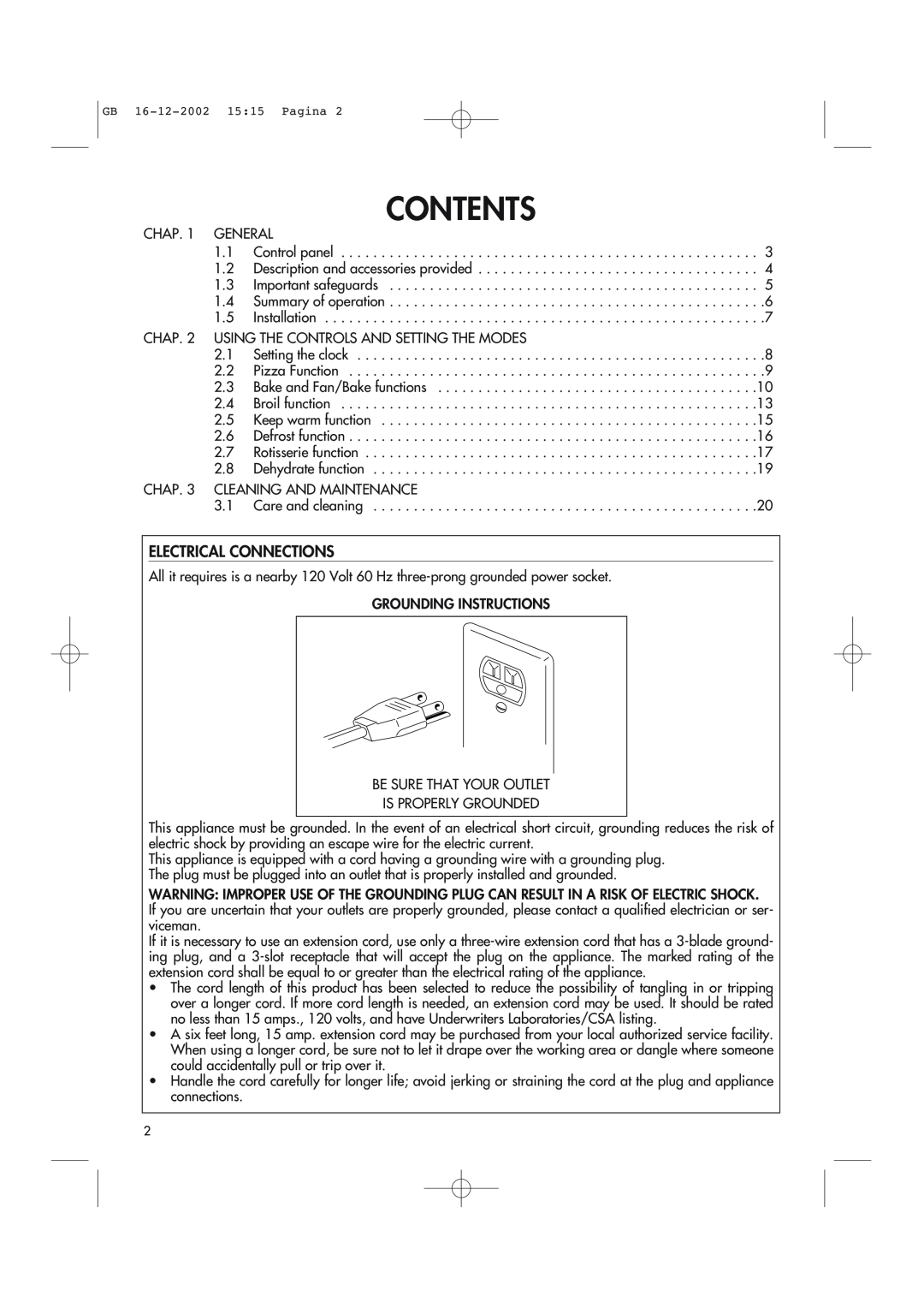 DeLonghi AD1099 manual Contents, Electrical Connections 