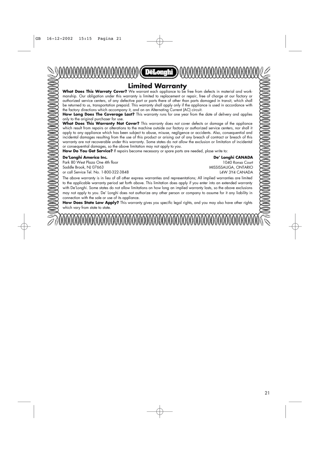 DeLonghi AD1099 manual Limited Warranty, GB 16-12-200215 15 Pagina, De’Longhi America Inc, De’ Longhi CANADA 