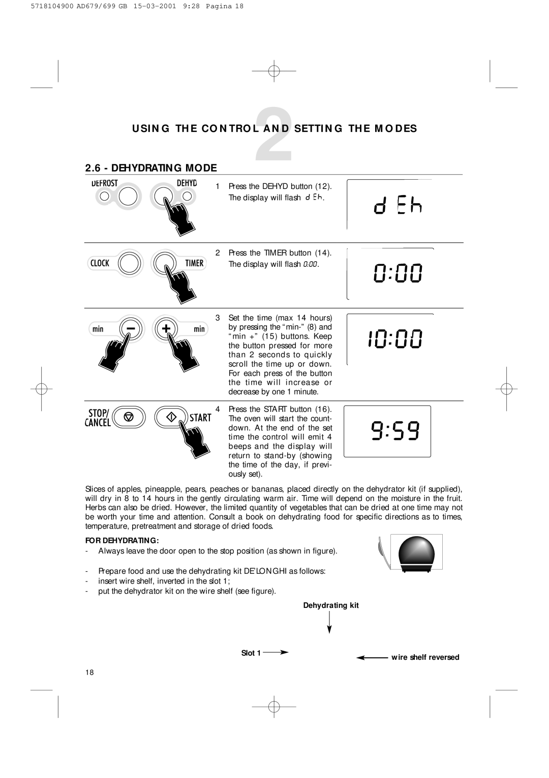 DeLonghi AD679/699 manual For Dehydrating 