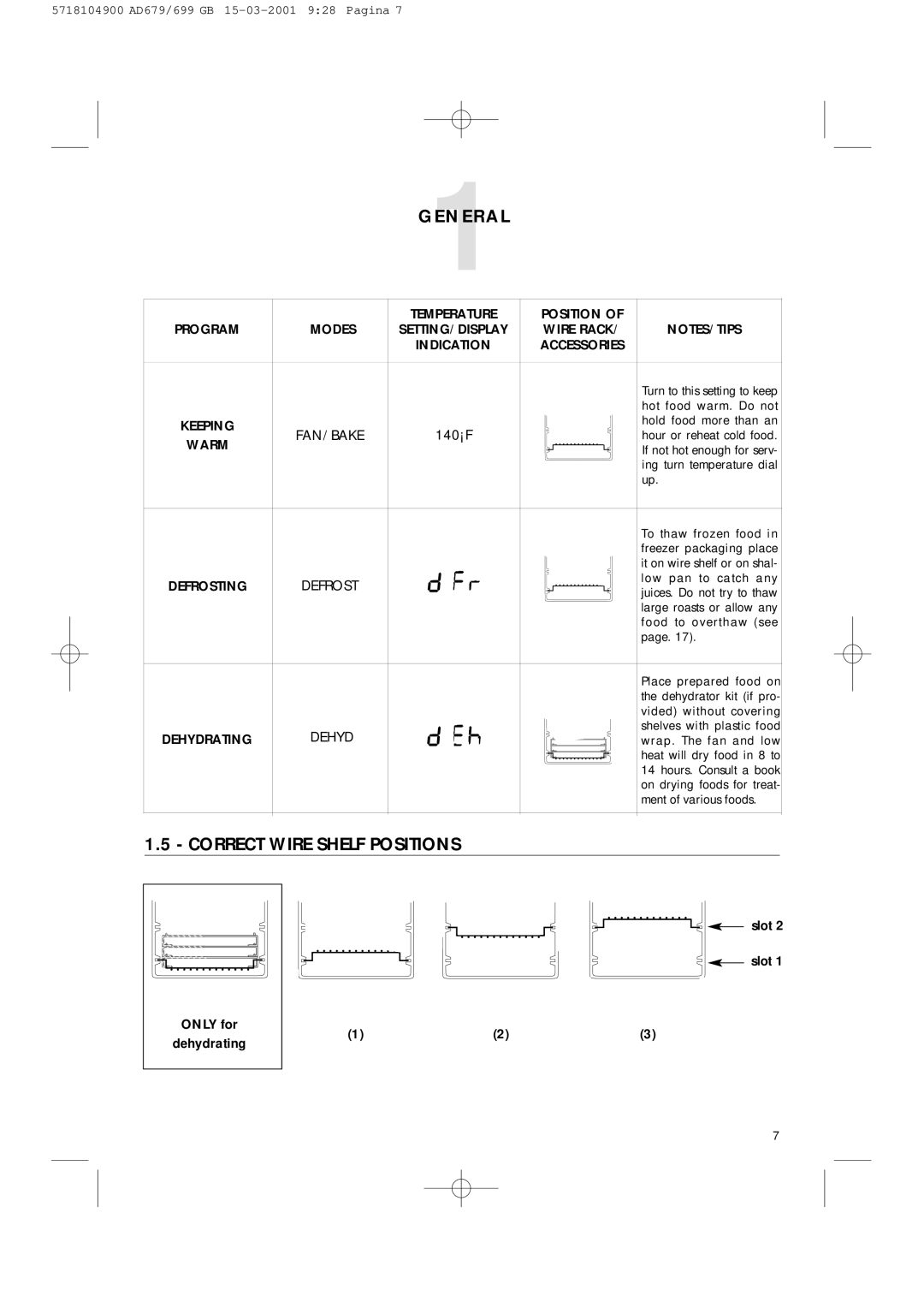 DeLonghi AD679/699 manual Correct Wire Shelf Positions, Temperature Position, Warm, Dehyd 