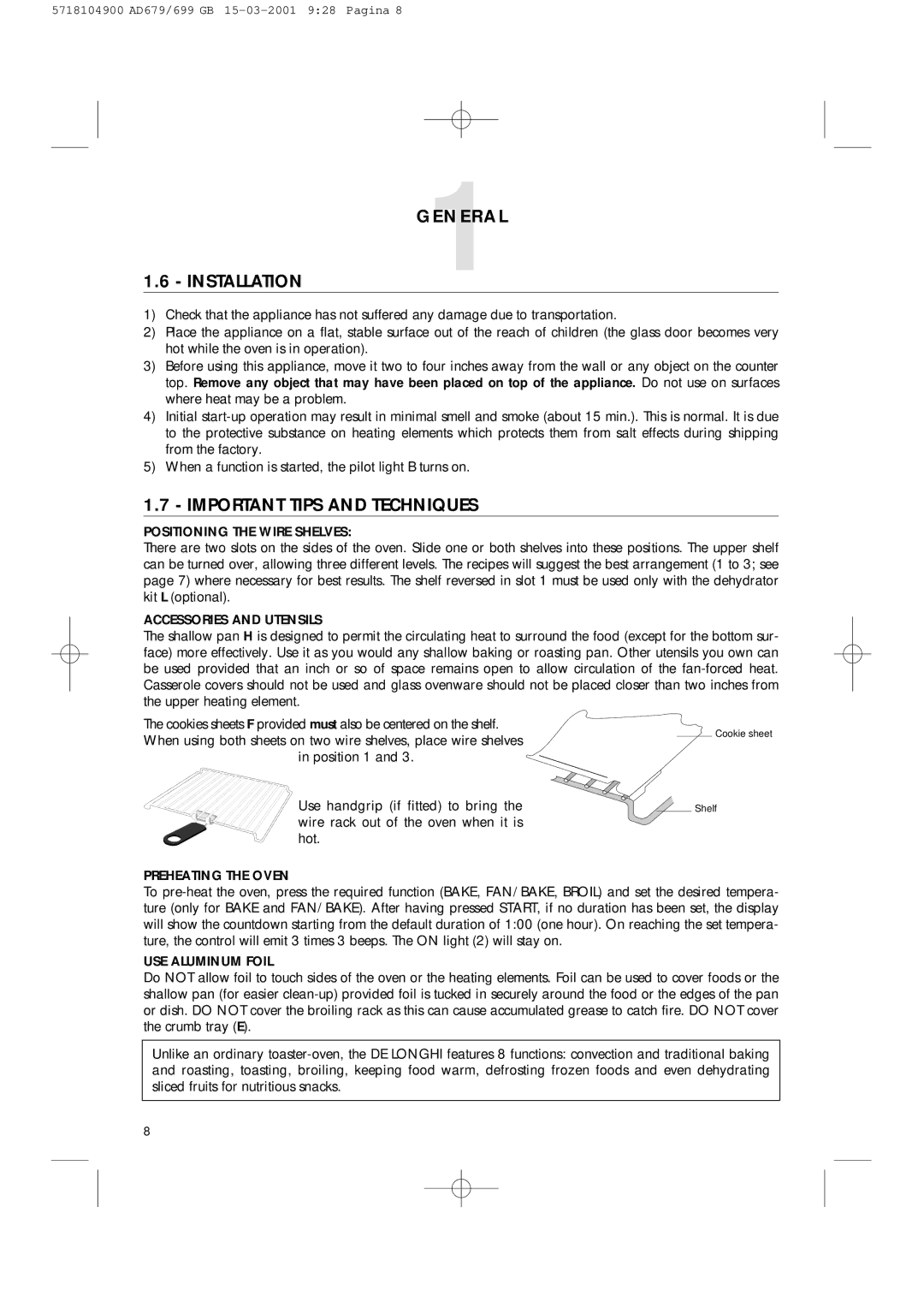 DeLonghi AD679/699 manual GENERAL1 Installation, Important Tips and Techniques 