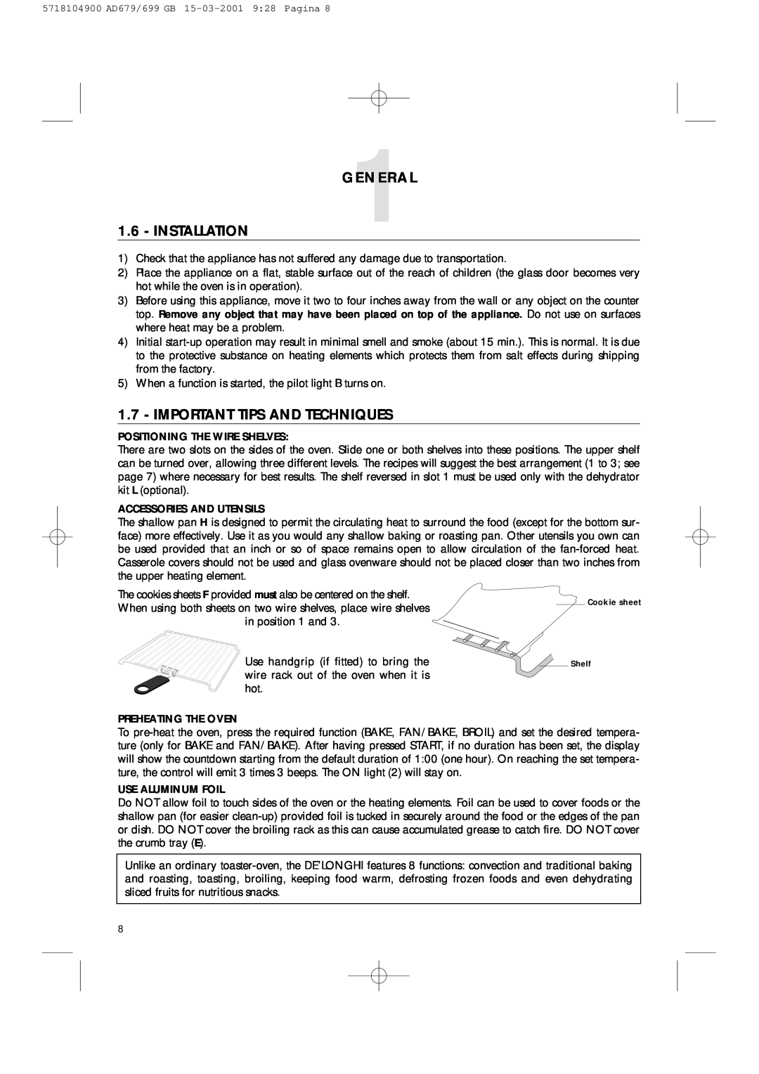 DeLonghi AD679/699 manual GENERAL1 1.6 - INSTALLATION, Important Tips And Techniques 