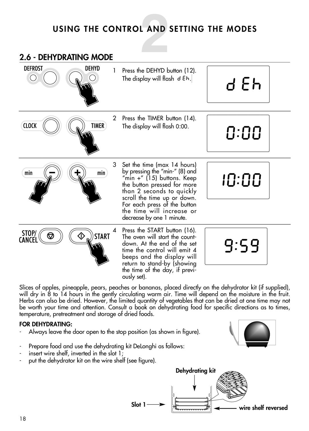 DeLonghi AD699 manual Dehydrating Mode, For Dehydrating 